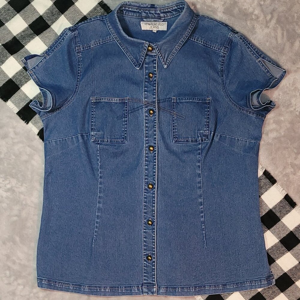 Vintage Blue Denim Short Sleeve Button Up Shirt - Top